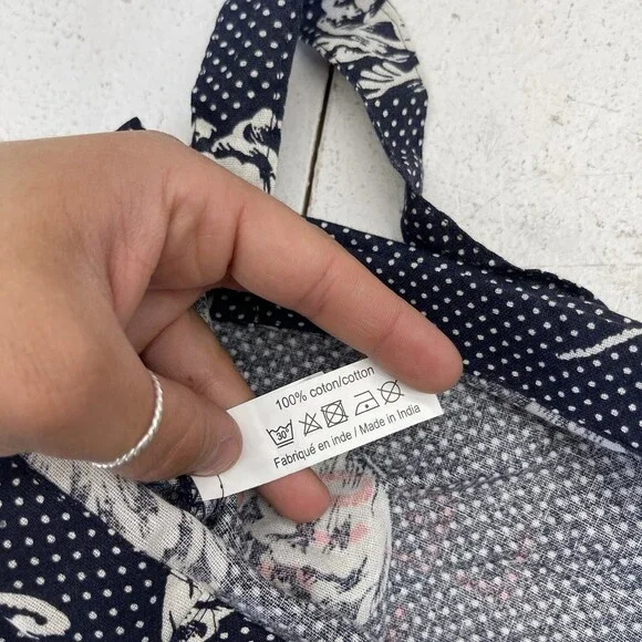 Les Filles En Rouje Navy Blue Polka Dot Floral Cotton Reusable Shopper Tote Bag - Picture 3 of 6